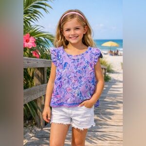 Lilly Pulitzer Girls Jungle Safari Print Flutter Sleeve Top Purple Cotton